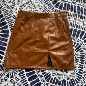 brown shein leather mini skirt with slit